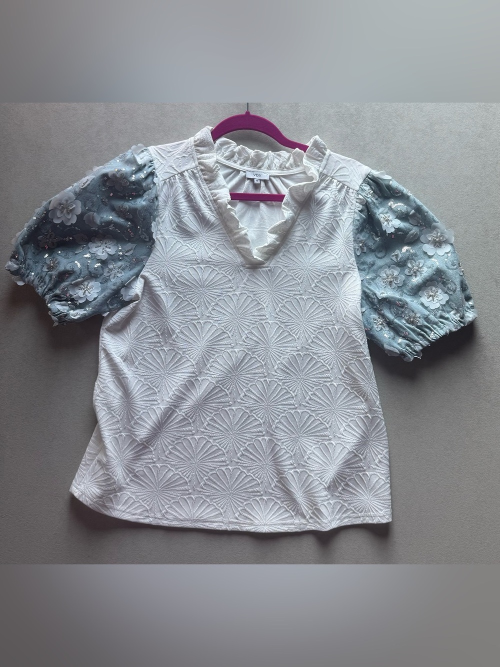 VOY White Embroidered Top with Blue Floral Puff Sleeves